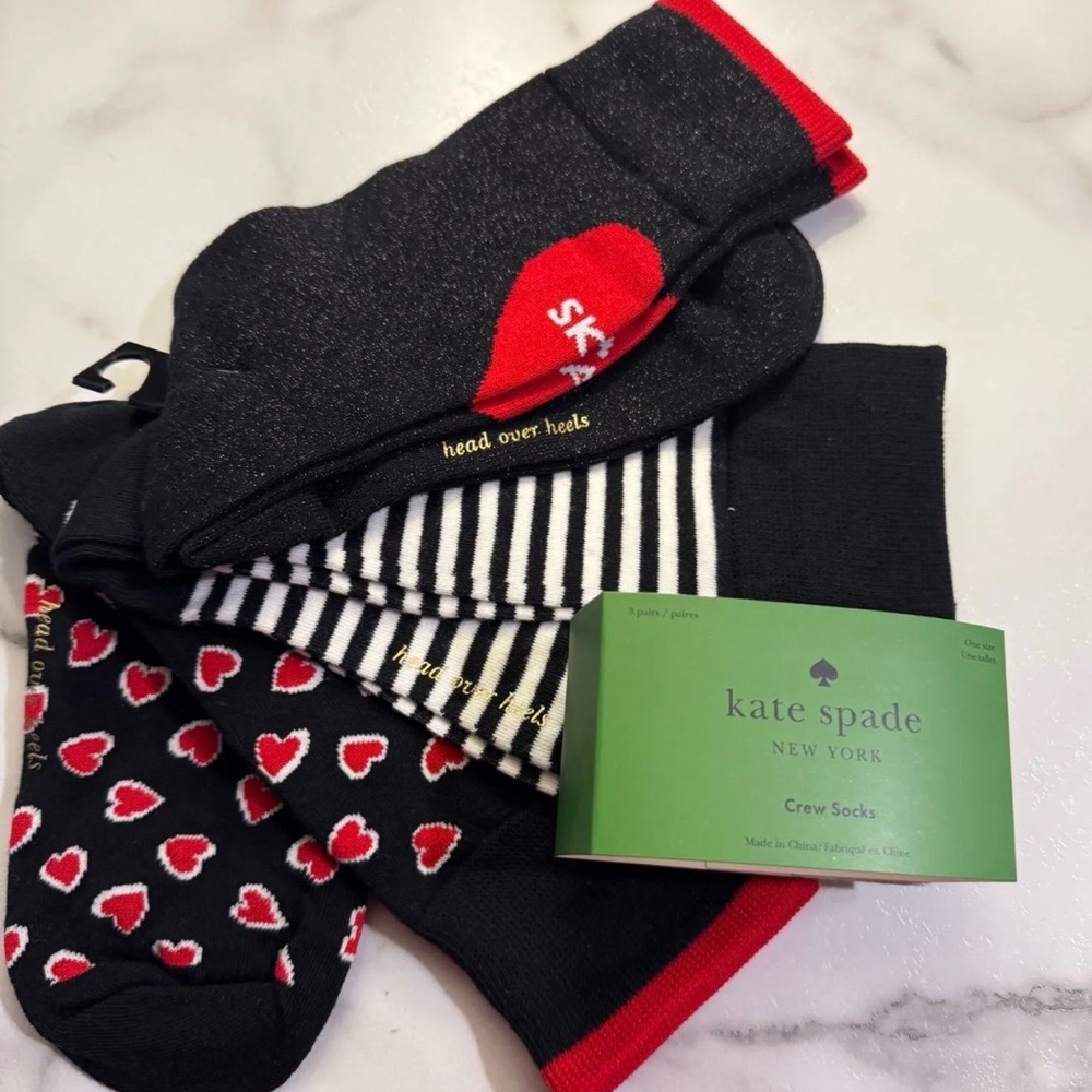 Kate Spade Black and Red Heart Crew Socks set of 3